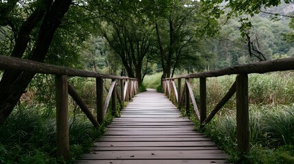 Fototapeta premium A wooden boardwalk winds through lush green trees and tall grasses under a canopy of leaves