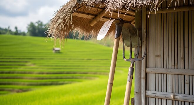 Traditional agricultural tools leaning against a wooden hut structure overlooking vibrant green terraced rice fields located in the mountainous countryside during a sunny harvest season summer