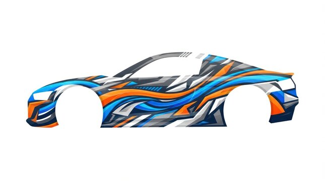 Blue and orange wavy car wrap livery graphic design.