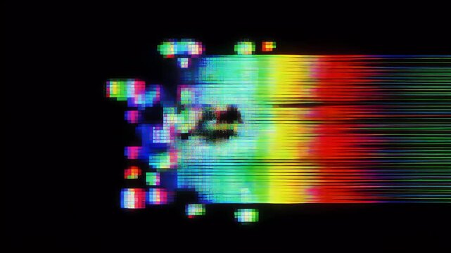 Small cluster of RGB glitch pixels flickering, isolated black background
