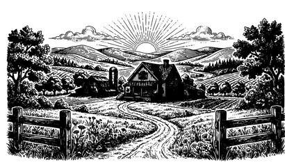 Fototapeta premium Rustic farmhouse and rolling hills countryside scene vintage engraved vector design