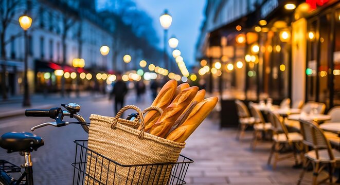 Fresh crusty loaves of bread carried in a wicker basket on a bicycle handlebar set against a blur of evening street lights and cafe tables situated along a sidewalk in a charming European city