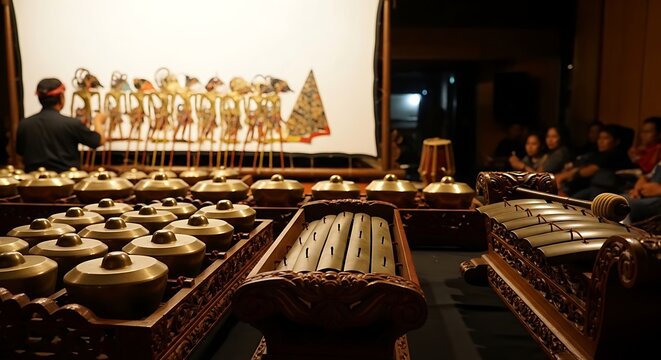 A skilled puppeteer operates traditional leather puppets on a glowing screen while a live orchestra plays rhythmic percussion instruments during a cultural performance for an audience of local
