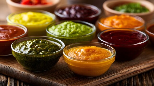 A vibrant array of colorful sauces displayed in small glass bowls on a wooden cutting board