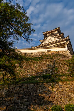 Original castle tower of Kochi Castle illuminated by morning light in Kochi Prefecture, Japan.