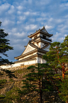 Original castle tower of Kochi Castle illuminated by morning light in Kochi Prefecture, Japan.