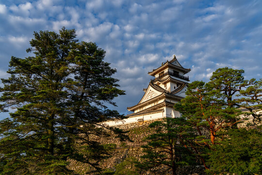 Original castle tower of Kochi Castle illuminated by morning light in Kochi Prefecture, Japan.