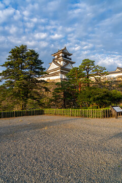 Original castle tower of Kochi Castle illuminated by morning light in Kochi Prefecture, Japan.