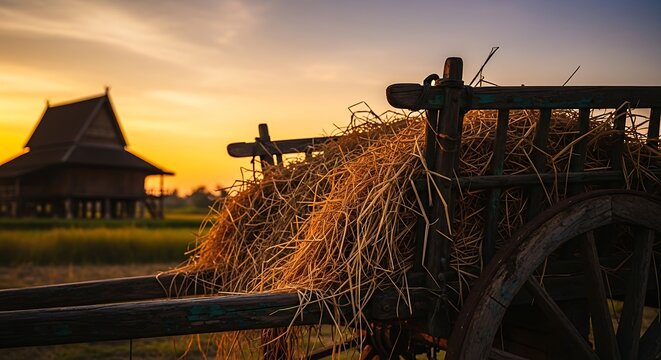 Traditional wooden agricultural wagon filled with harvested dry straw standing in the open field near the rural dwelling at golden sunset hour during the harvest season in the countryside