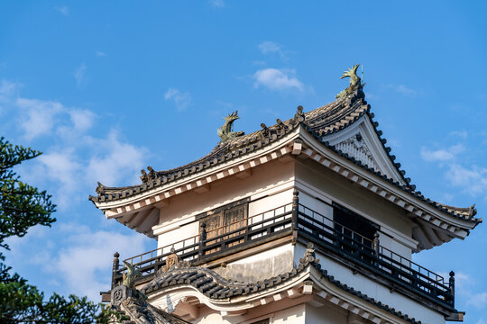 Original castle tower of Kochi Castle illuminated by morning light in Kochi Prefecture, Japan.