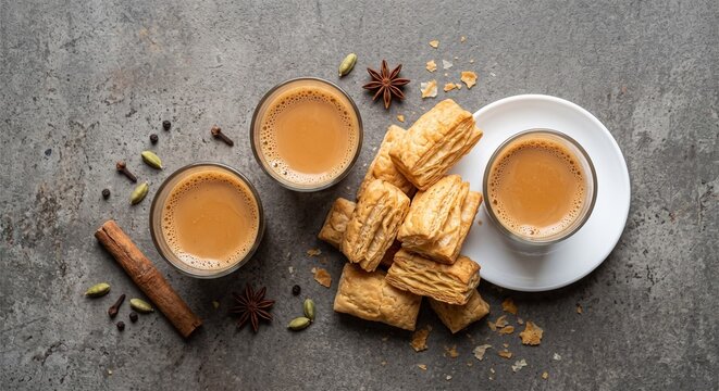 Top View of Masala Chai Glasses and Khari Biscuits with Spices