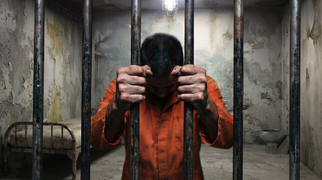 Prisoner Holding Jail Bars in Orange Jumpsuit