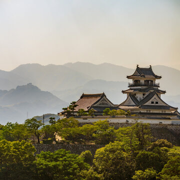 Original castle tower of Kochi Castle illuminated by morning light in Kochi Prefecture, Japan.