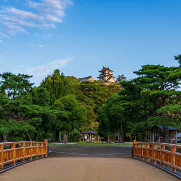 Original castle tower of Kochi Castle illuminated by morning light in Kochi Prefecture, Japan.