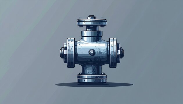 Industrial metal valve with bolts and flanges isolated on grey.
