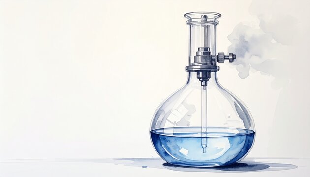 Glass laboratory flask with blue liquid and bubbler.