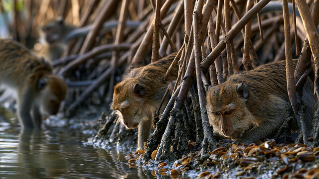 AI-generated image of a crab-eating macaque&mdash;a monkey commonly found in the mangrove forests of Asia.