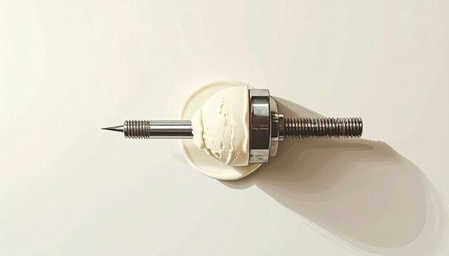 Close up of a white ball joint with threaded metal rod.