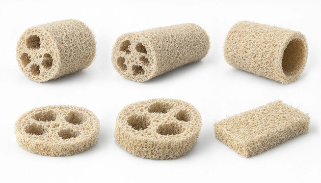 Collection of various shaped natural loofah sponge pieces including cylinders, slices, and rectangles isolated on a white background surface