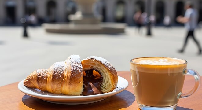Freshly baked buttery pastry filled with rich chocolate spread served on a small plate next to a cup of warm frothy coffee on a wooden table outdoors in a busy urban city square during daytime