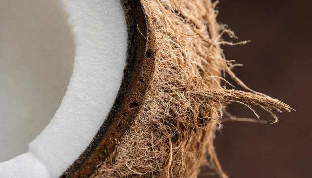 Macro close up of a halved brown coconut showing the fibrous hairy outer shell texture and the smooth white inner fruit flesh layer inside
