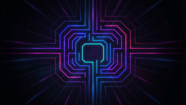 Abstract Digital Circuit Board Background Featuring Neon Glowing Path Lines and Futuristic Connectivity Data Flow Graphics