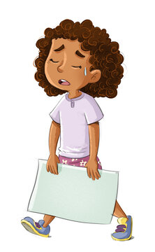 Tired African American girl carrying a sign, children's illustration