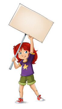 Funny little girl holding a banner, children's illustration