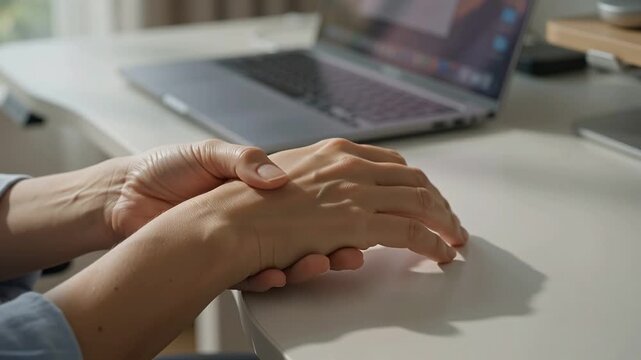 Woman suffering from wrist pain and carpal tunnel syndrome while working on laptop at desk