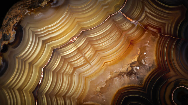 Macro Close Up of Polished Banded Agate Gemstone Featuring Intricate Earthy Golden Layers and Translucent Crystalline Mineral Textures