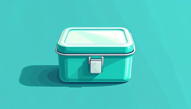 Green plastic lunch box with metal clasp on teal background.