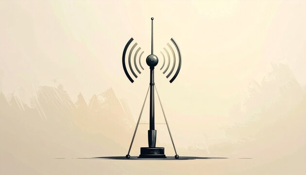 Isolated radio tower with signal waves on light background.