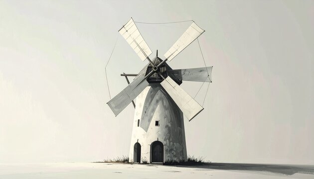 Classic White Windmill Against Plain Background.