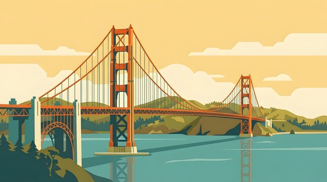 Stylized vector illustration of the Golden Gate Bridge in San Francisco at sunset