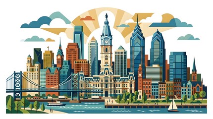 Fototapeta premium Philadelphia City Skyline Illustration Featuring Iconic Buildings and Ben Franklin Bridge