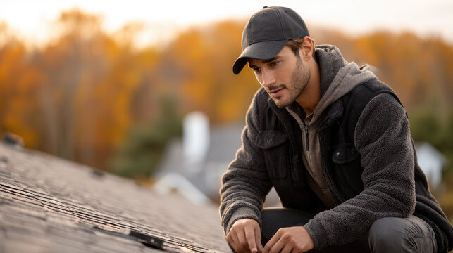 Man, as a professional worker or homeowner, carefully inspecting a residential roof, looking for potential damage, leaks, or maintenance issues on house shingles