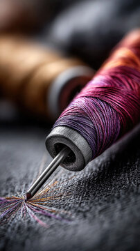 Close up of a needle with multi colored thread spool inserting purple and orange fibers into textured dark fabric, creating intricate patterns of textile art and handcrafting