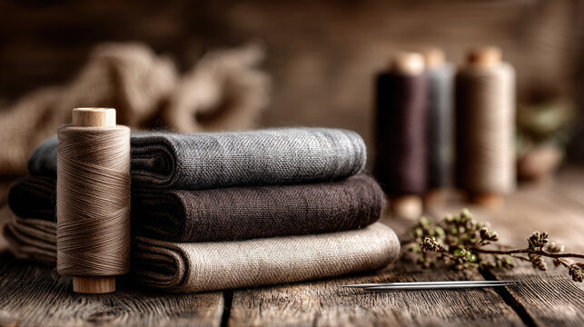 Natural thread spools standing with stacked artisan textiles on a rustic wooden surface illustrate the process of knitting, sewing, and weaving, emphasizing natural fibers and handcrafted quality