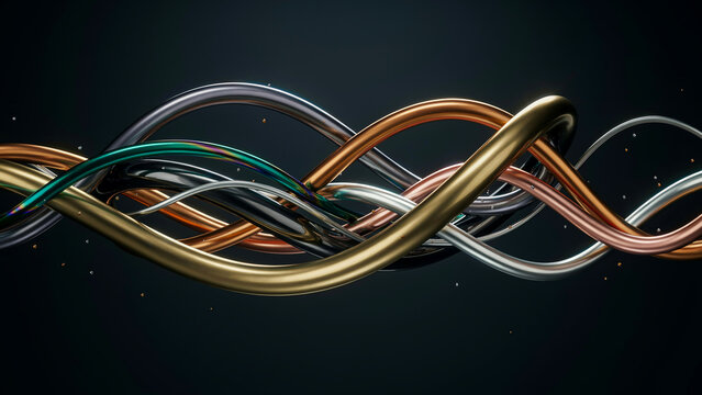 Abstract 3D Metallic Wires Intertwining in Elegant Flowing Curves Against a Dark Moody Background
