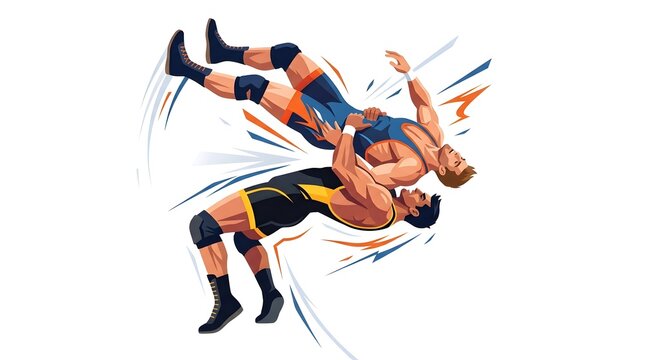 Illustration of two professional wrestlers engaged in an intense grapple and throwing move