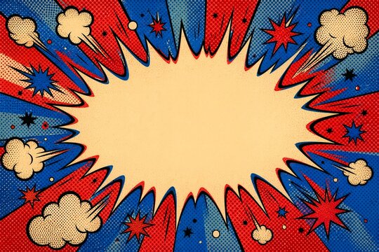 Comic ben day dot burst in cherry red and cobalt blue