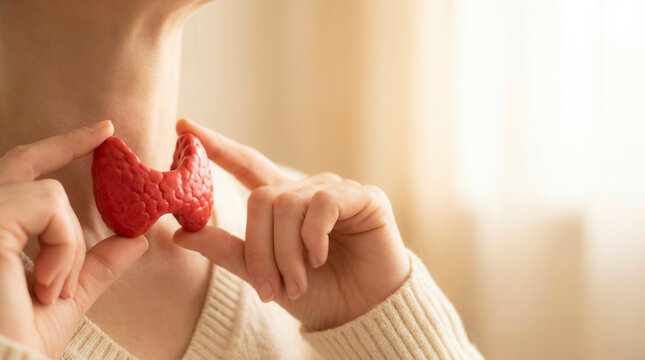 Woman holding red thyroid gland model near neck, thyroid awareness and endocrine health
