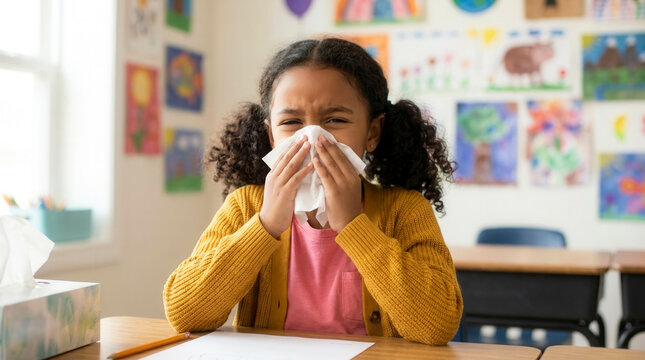 African American schoolgirl sneezing into tissue at desk in classroom, seasonal allergies and childhood illness