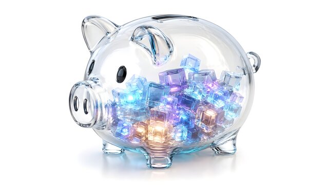 Transparent Piggy Bank Filled with Glowing Geometric Cubes on White Background Digital Assets Concept