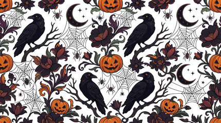 Naklejka premium Halloween Ravens and Pumpkins Pattern