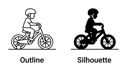 Child on Bicycle: Simple outline and silhouette icons depict a child wearing a helmet and riding a bicycle, symbolizing cycling, activity, and childhood freedom.