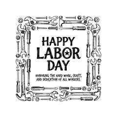 A decorative black and white illustration featuring a square frame made of various hand tools surrounding the text happy labor day for celebration © alfa