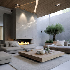 Fototapeta premium Modern living room with concrete wall, fireplace, beige sofa, wooden ceiling, large window, indoor tree, cozy atmosphere