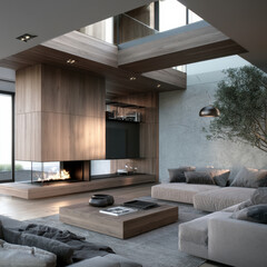 Fototapeta premium Modern living room with wood panel fireplace, large sofa, glass wall, coffee table, cozy atmosphere, natural light