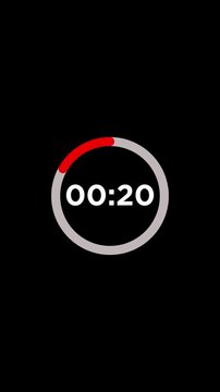 Minimal animated countdown timer progresses from zero to two minutes in thirty second intervals, featuring circular progress indicator, bold numbers, red accent, and black background